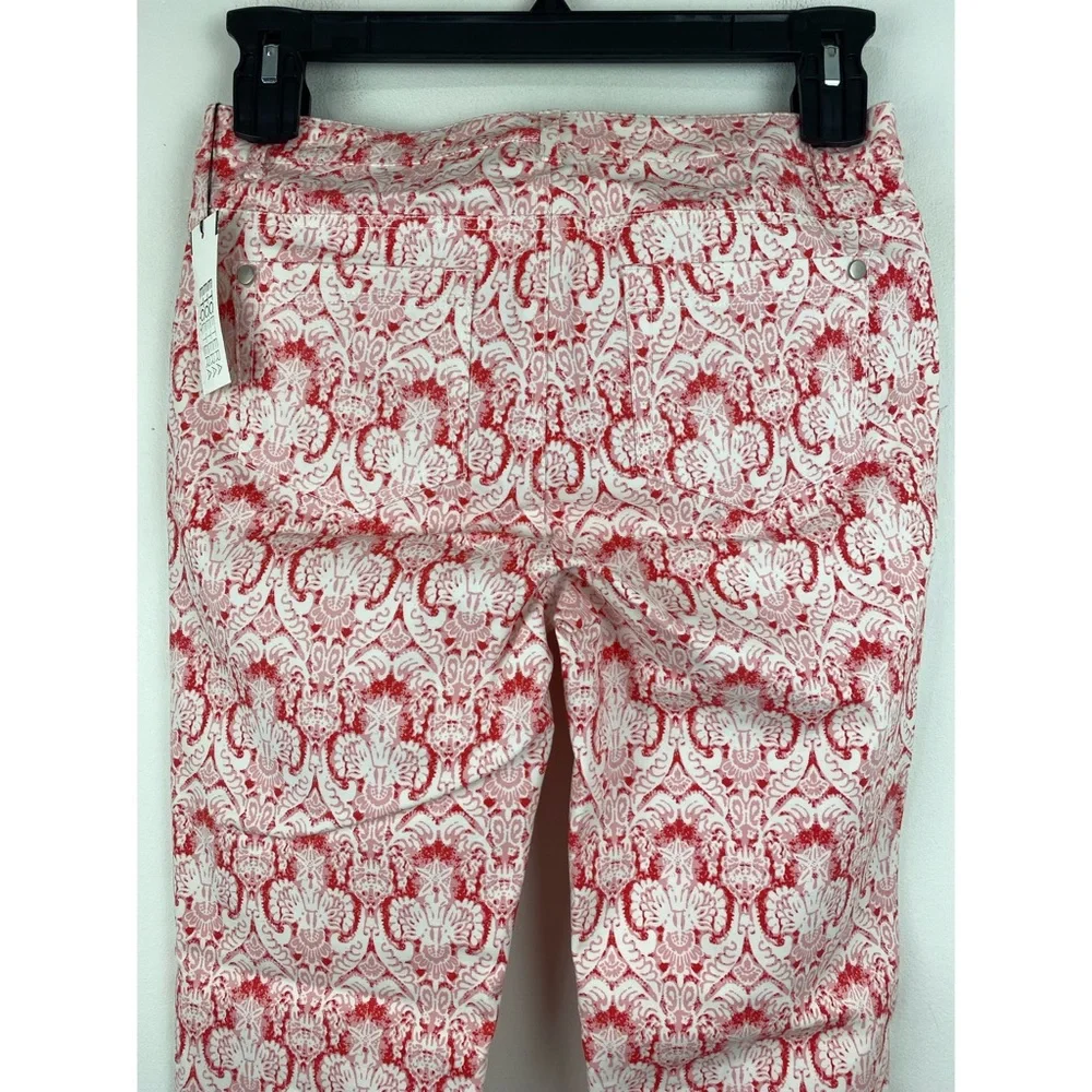 Etcetera size 2 Women's Pink Red White Print Zipper Pocket Skinny Pants